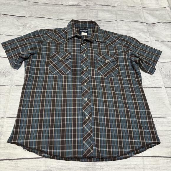 Wrangler Western Pearl Snap Mens Size Large Shirt Short Sleeve Blue Brown - Picture 1 of 6